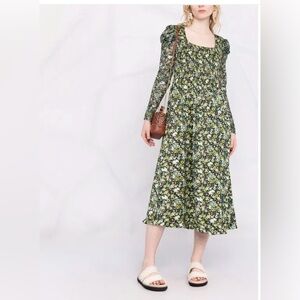 Scotch & Soda Green Floral Square-Neck Midi Dress